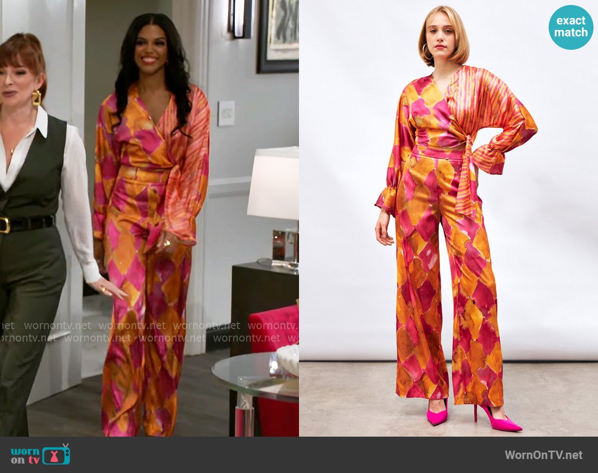 Sateen Patterned Wrap Top and Pants worn by Dani Dupree (Karla Mosley) on Beyond the Gates