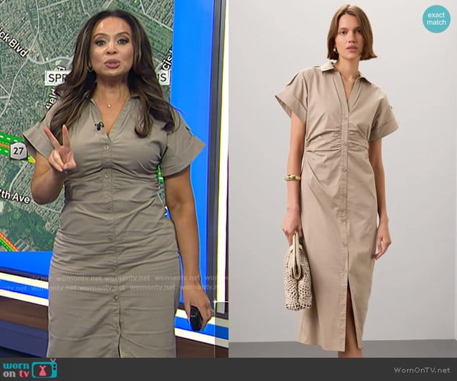 Saunders Ruched Shirt Dress in Beige worn by Adelle Caballero on Today
