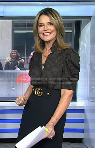 Savannah’s brown houndstooth blouse and belted skirt on Today