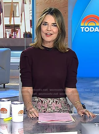 Savannah's burgundy puff sleeve sweater and floral pants on Today