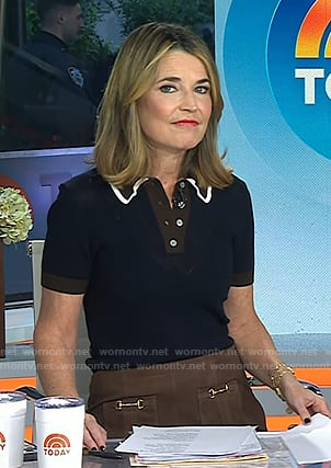 Savannah’s navy polo and suede mini skirt on Today