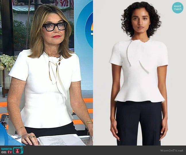Scanlan Theodore Crepe Knit Cravat Top in Cream worn by Savannah Guthrie on Today