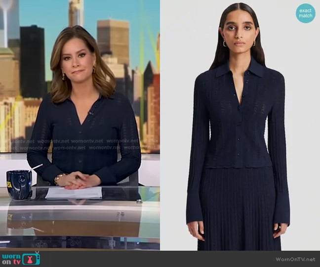 Scanlan Theodore Pleat Lace Ls Shirt in Navy worn by Rebecca Jarvis on Good Morning America