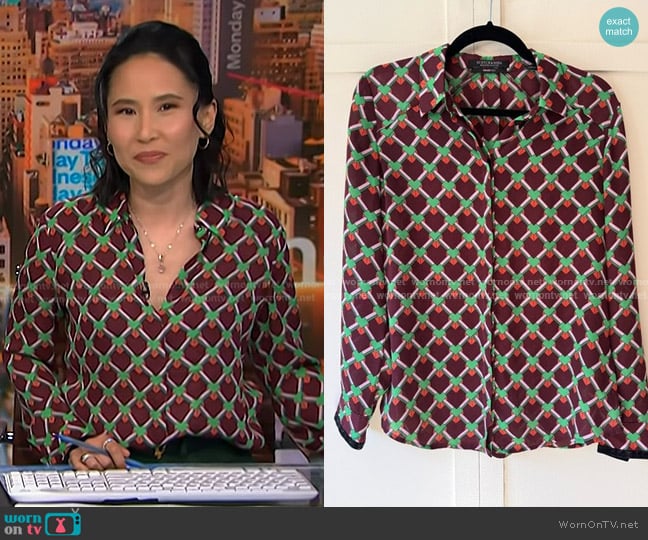 Scotch & Soda Geometric Button Down Blouse in maroon worn by Vicky Nguyen on NBC News Daily