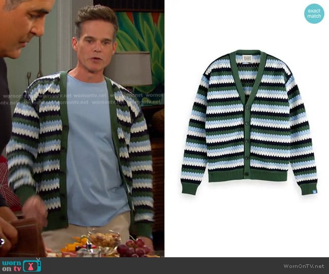 Scotch & Soda Stripe Open Stitch Cardigan in Sage Green Multi Stripe worn by Leo Stark (Greg Rikaart) on Days of our Lives