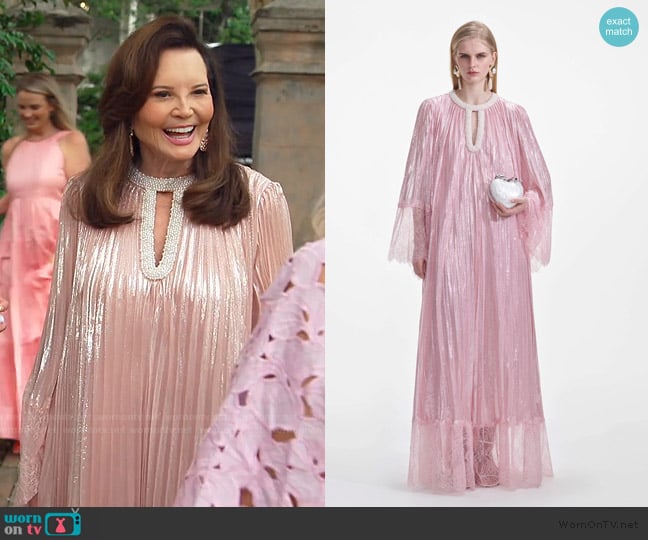 Self Portrait Pink Metallic Pearl Maxi Dress worn by Patricia Altschul on Southern Charm