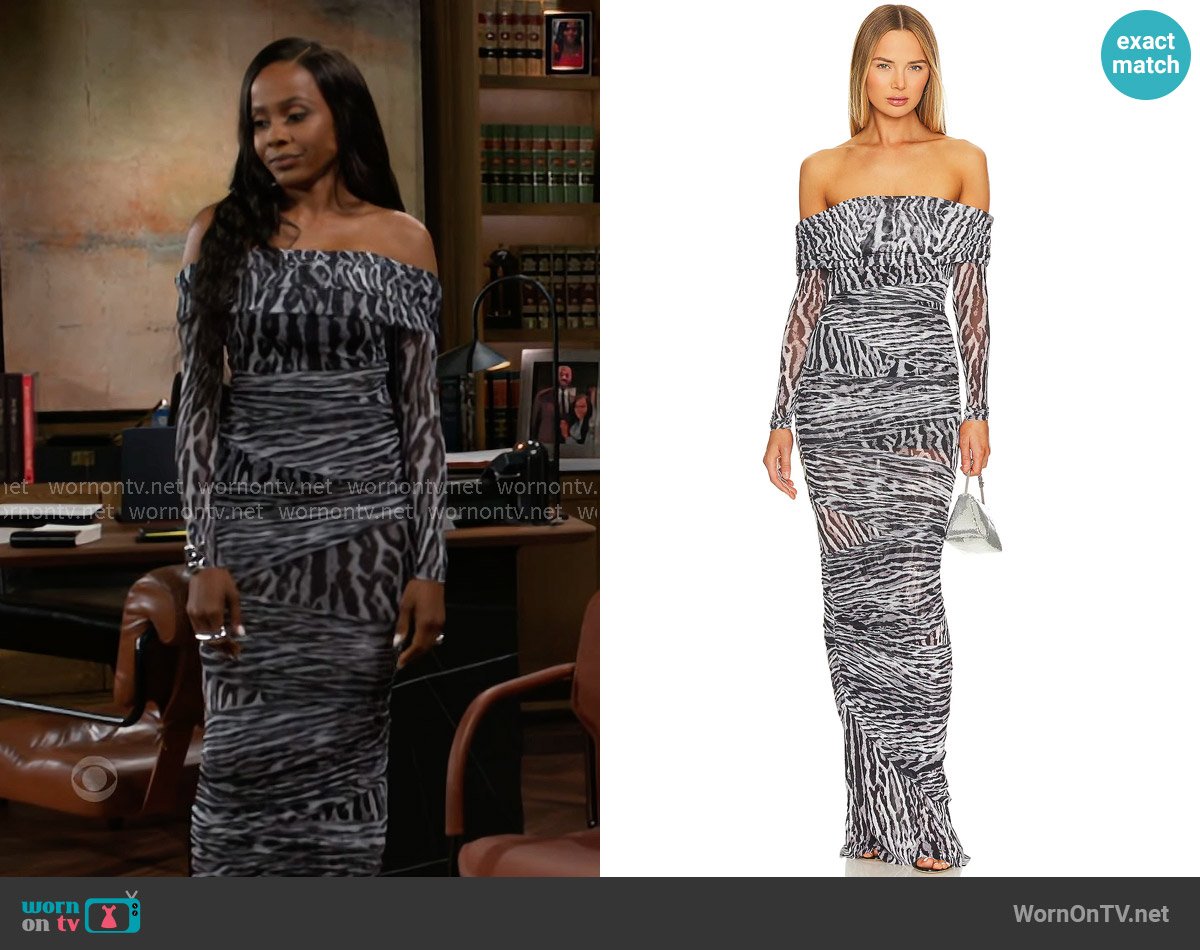Ser.o.ya. Chanda Gown in Grey Ocelot worn by Hayley Lawson (Marquita Goings) on Beyond the Gates