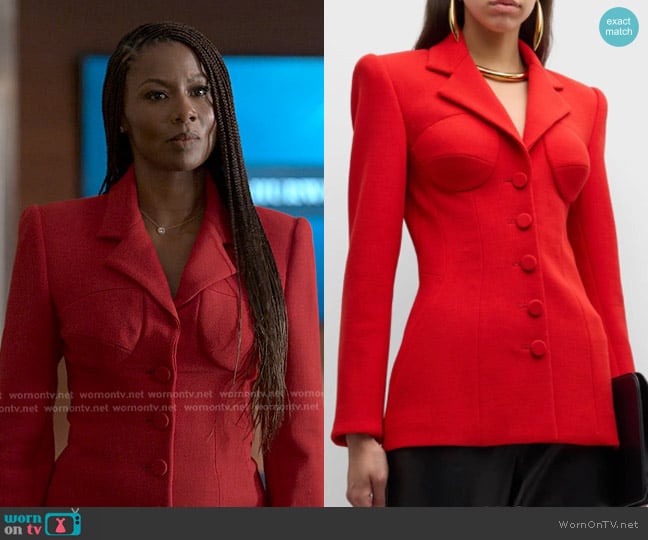Sergio Hudson Bustier Stretch Wool Crepe Fitted Jacket worn by Jax Stewart (Emayatzy Corinealdi) on Reasonable Doubt