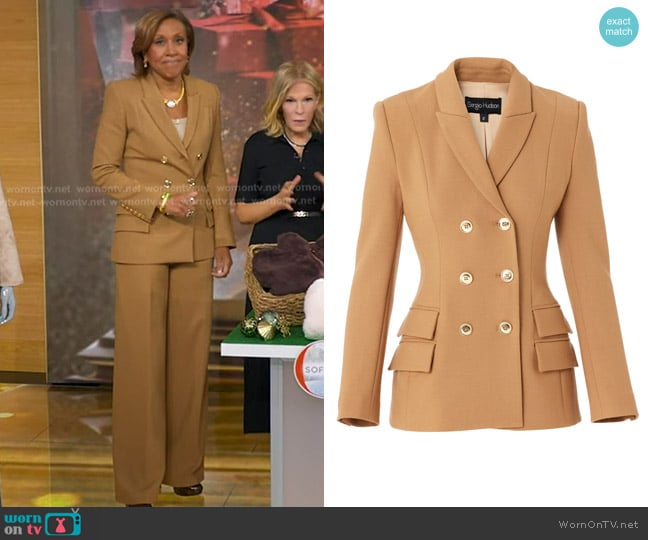 Sergio Hudson Fitted DB and Flap Jacket in Camel worn by Robin Roberts on Good Morning America