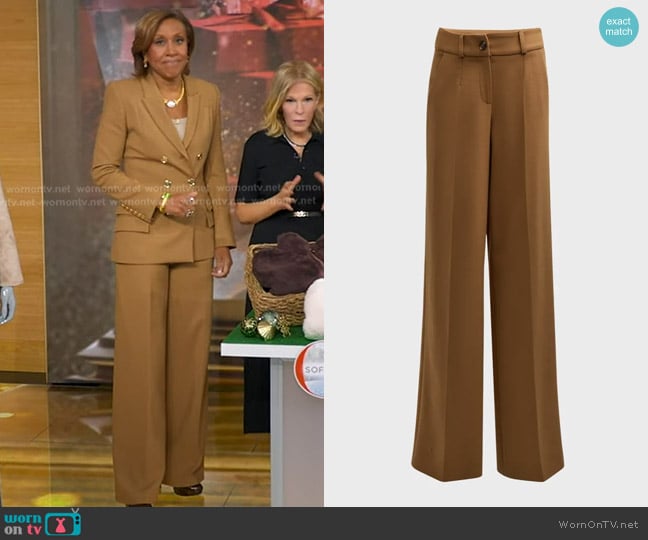 Sergio Hudson Wide Leg Wool Trousers in Camel worn by Robin Roberts on Good Morning America