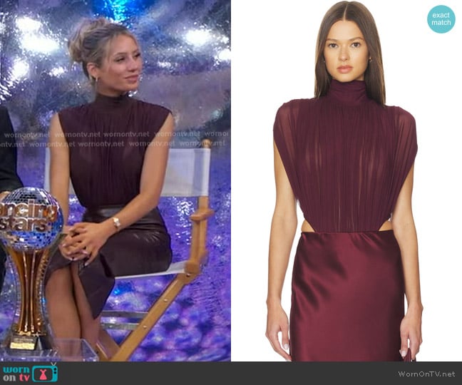 Alix Earle’s burgundy gathered sheer top on GMA