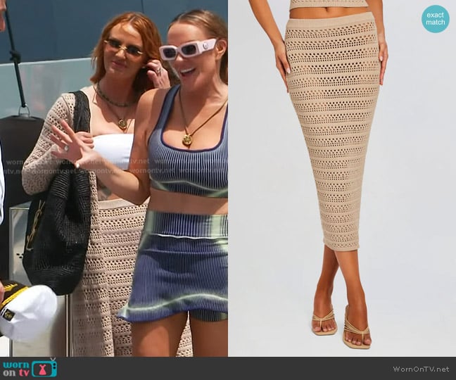 Seroya Marjorie Knit Crochet Maxi Skirt in Oxford worn by Whitney Rose on The Real Housewives of Salt Lake City