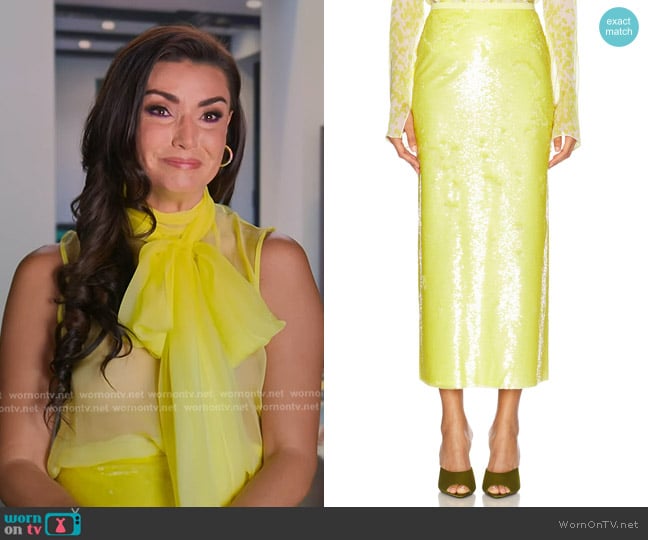 Sev Sequin Midi Skirt in Yellow worn by Bronwyn Newport on The Real Housewives of Salt Lake City