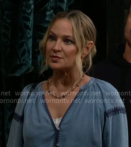 Sharon’s blue embroidered top on The Young and the Restless