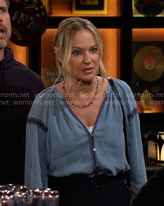 Sharon's blue embroidered top on The Young and the Restless