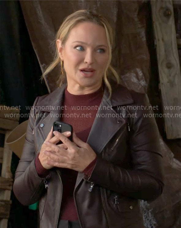 Sharon's purple leather moto jacket on The Young and the Restless