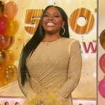 Sherri’s yellow rhinestone feather trim dress on Sherri