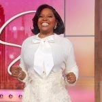 Sherri’s textured skirt and tie neck cardigan on Sherri