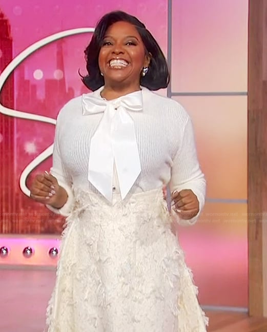 Sherri's textured skirt and tie neck cardigan on Sherri