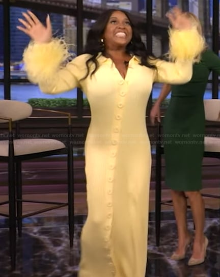 Sherri’s yellow feather cuff dress on Live with Kelly and Mark