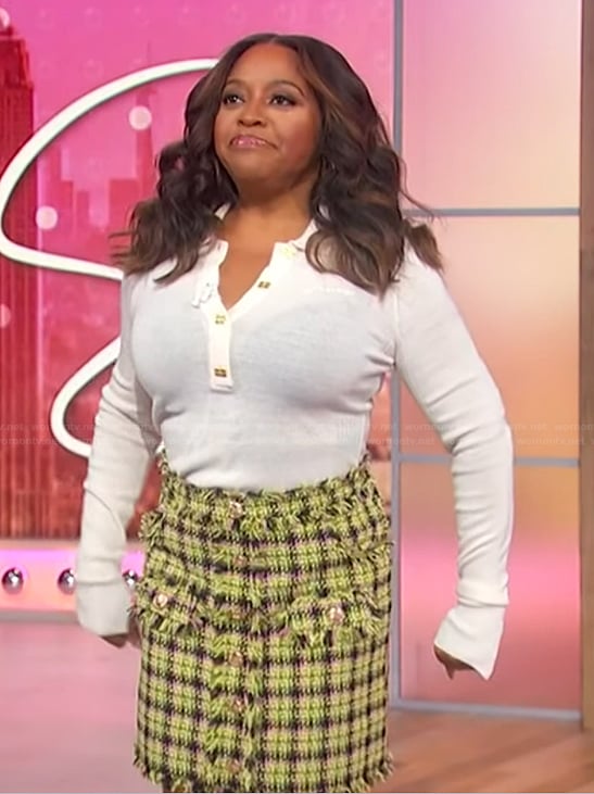 Sherri’s yellow tweed mini skirt and top on Sherri