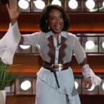 Sheryl Lee Ralph's blue lace inset blouse and skirt on The Kelly Clarkson Show