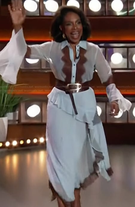 Sheryl Lee Ralph's blue lace inset blouse and skirt on The Kelly Clarkson Show