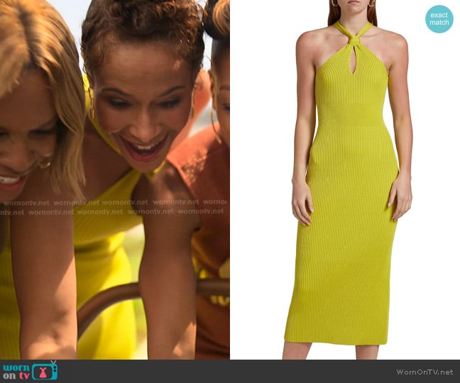 Simkhai Celaena Rib-Knit Halter Midi-Dress in Yellow Plum worn by Shanelle Tucker (Shannon Kane) on Reasonable Doubt