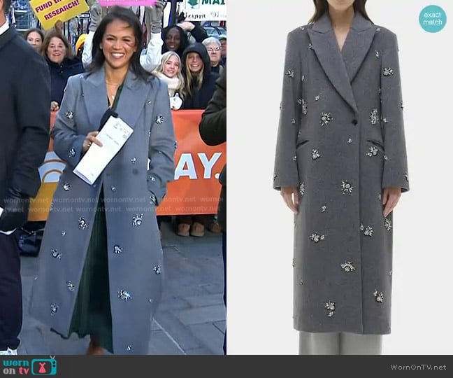 Simkhai Gianni Embellished Coat in Heather Grey worn by Laura Jarrett on Today