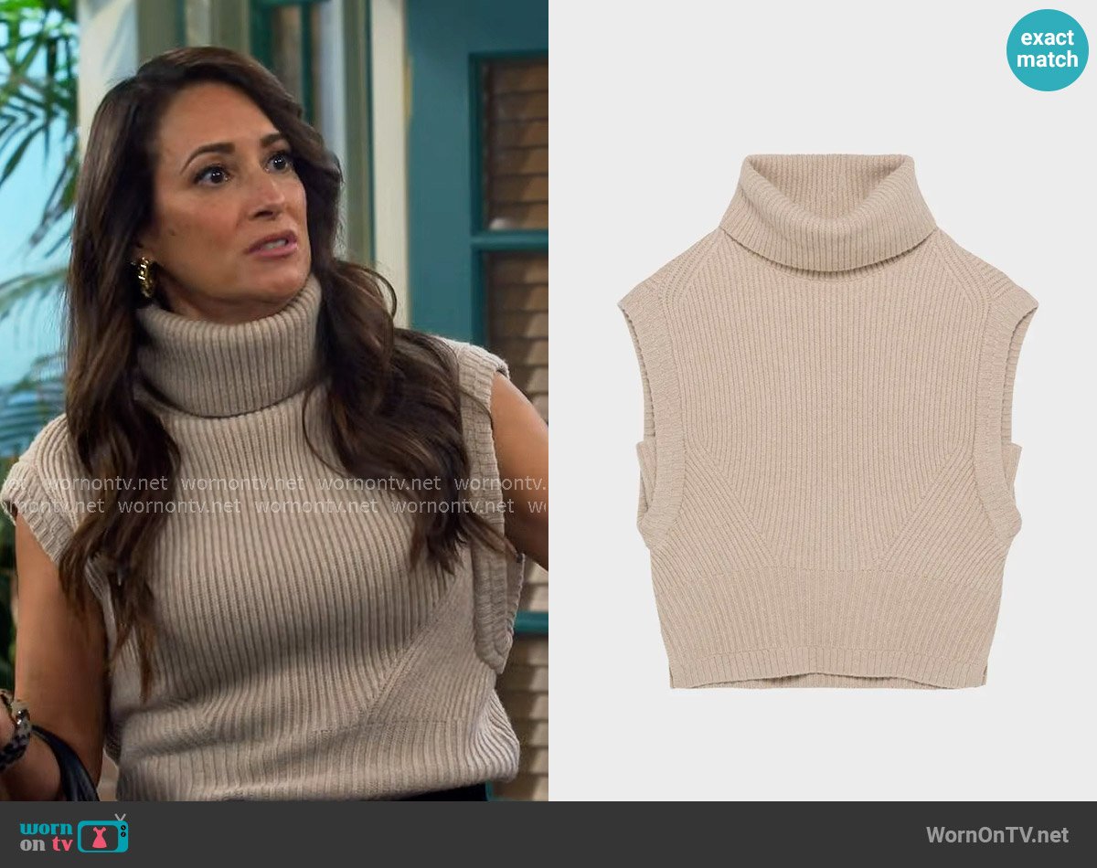 Simkhai Maple Cashmere Turtleneck Sweater Vest worn by Lisa Chatsworth (Angelique Cabral) on The Neighborhood