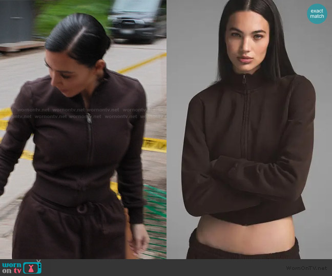 Skims Boyfriend fleece track jacket worn by Kim Kardashian (Kim Kardashian) on The Kardashians