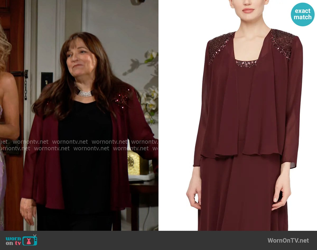 SL Fashions Beaded Detail Chiffon Jacket in Fig worn by Nina Webster (Tricia Cast) on The Young and the Restless