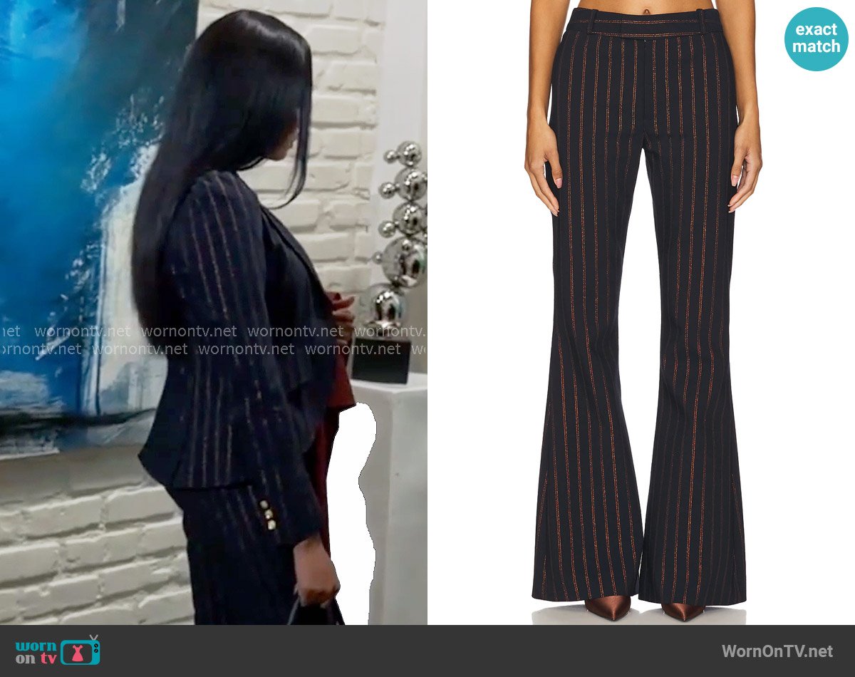 Smythe Bootcut Pants in Navy Copper Pinstripe worn by Jordan Ashford (Tanisha Mariko Harper) on General Hospital