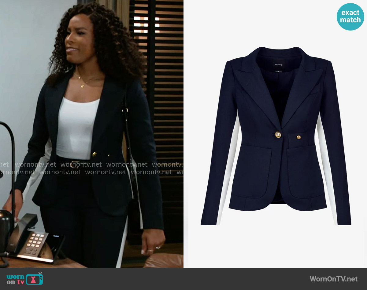Smythe Patch Pocket Tux Stripe Blazer in Deep Navy w/ Chalk worn by Naomi Hamilton Hawthorne (Arielle Prepetit) on Beyond the Gates