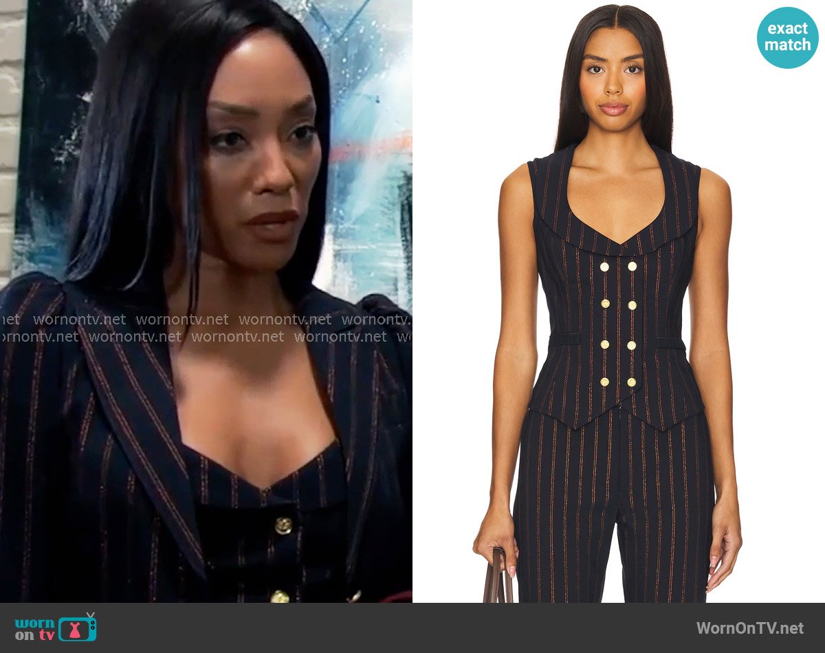 Smythe Portrait Neck Vest in Navy Copper Pinstripe worn by Jordan Ashford (Tanisha Mariko Harper) on General Hospital
