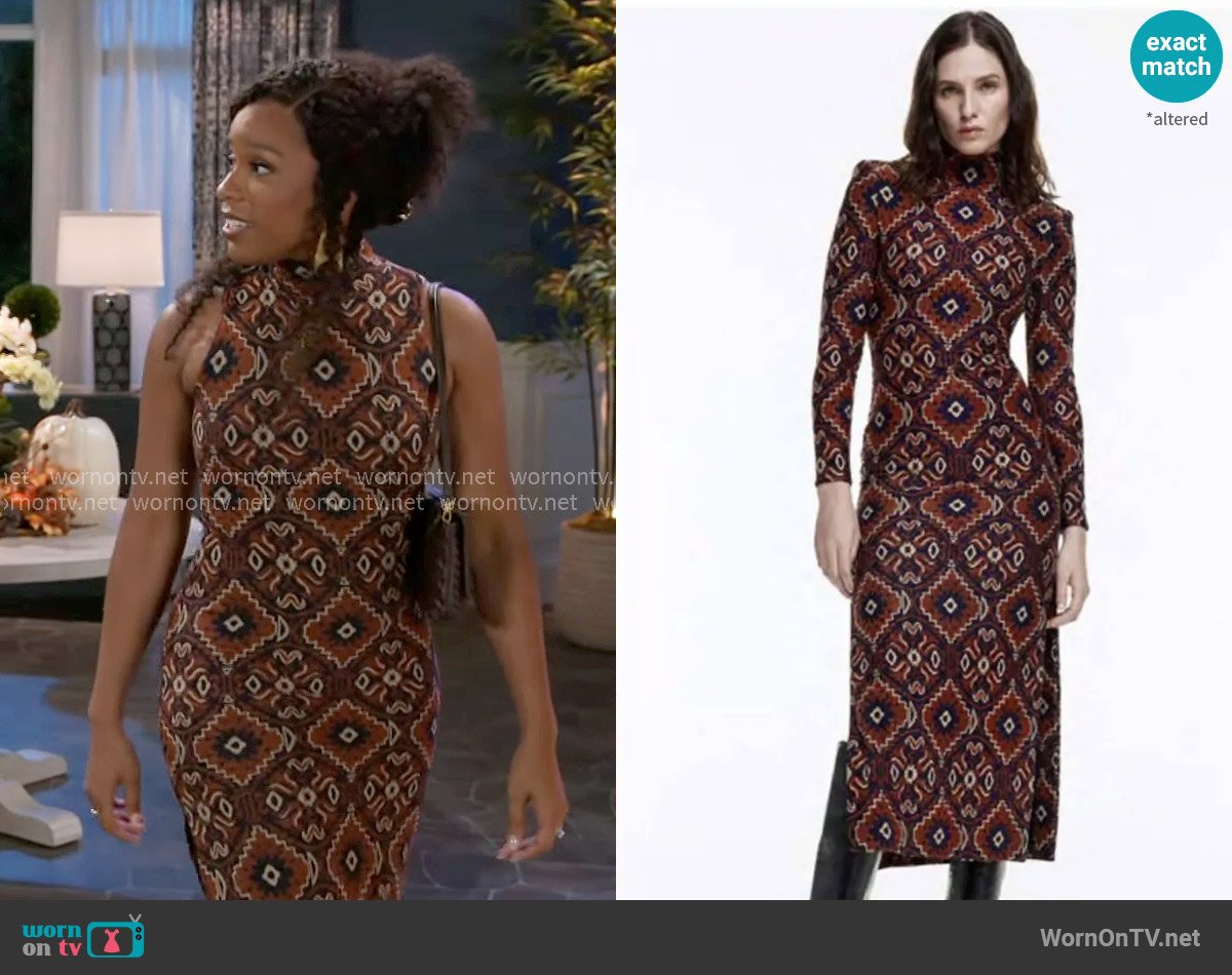 Smythe Side Slit Dress in Copper Medallion worn by Naomi Hamilton Hawthorne (Arielle Prepetit) on Beyond the Gates