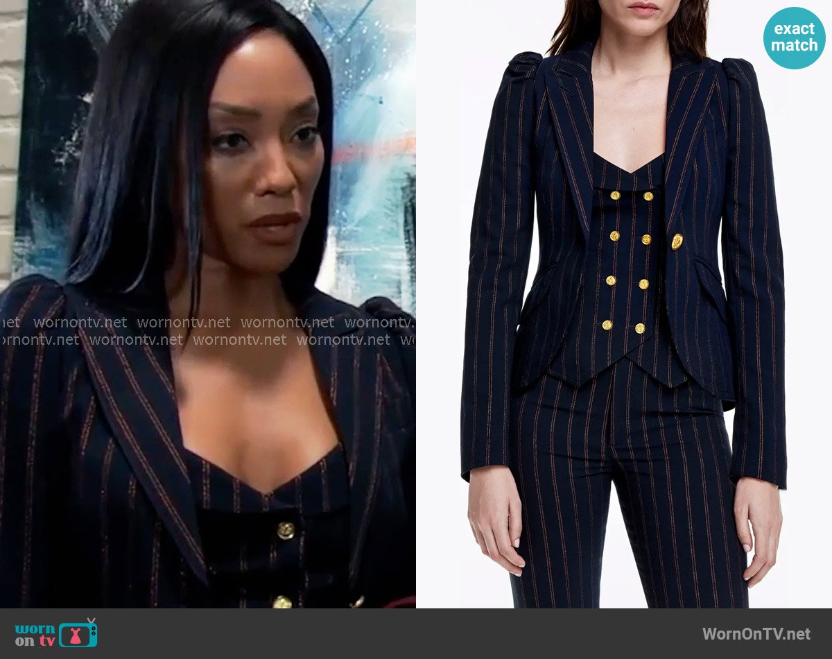 Smythe Stripe Puff Shoulder Blazer in Navy Copper Pinstripe worn by Jordan Ashford (Tanisha Mariko Harper) on General Hospital