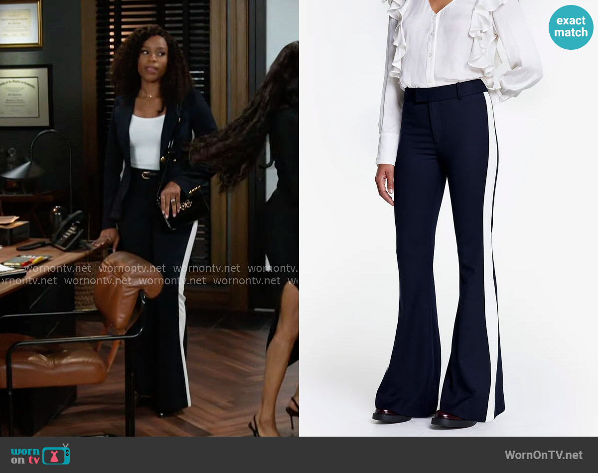Smythe Tux Stripe Bootcut Pant in Deep Navy w/ Chalk worn by Naomi Hamilton Hawthorne (Arielle Prepetit) on Beyond the Gates