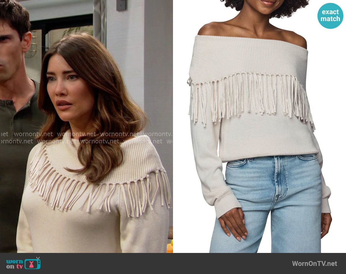 Splendid Simone Fringe Off the Shoulder Sweater worn by Steffy Forrester (Jacqueline MacInnes Wood) on The Bold and the Beautiful