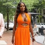 Stacey’s orange buckle cutout dress on The Real Housewives of Potomac