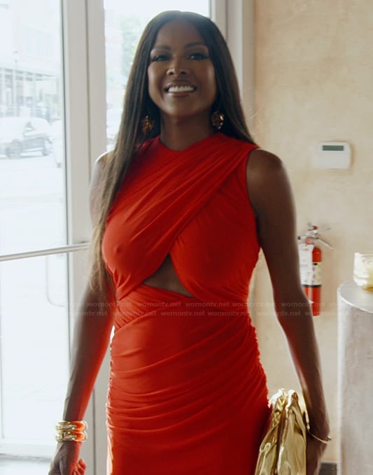 Stacey's red crossover dress on The Real Housewives of Potomac