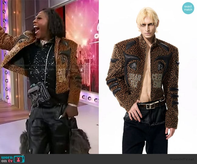 StartExceedend Leopard Print Jacket with Black Faux Leather Applique and Studded Detailing worn by Big Freedia on Sherri