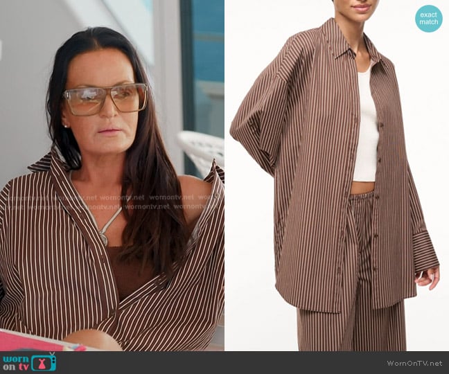 Staud Sandbar Top in Dark Oak Micro Stripe worn by Lisa Barlow on The Real Housewives of Salt Lake City