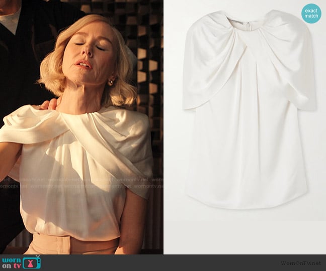 Stella McCartney Asymmetric Cape-effect Draped Satin Blouse In White worn by Liberty Ronson (Naomi Watts) on Alls Fair