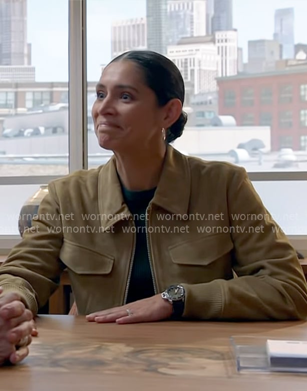 Stella's suede bomber jacket on Chicago Fire