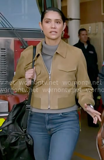 Stella's suede bomber jacket on Chicago Fire