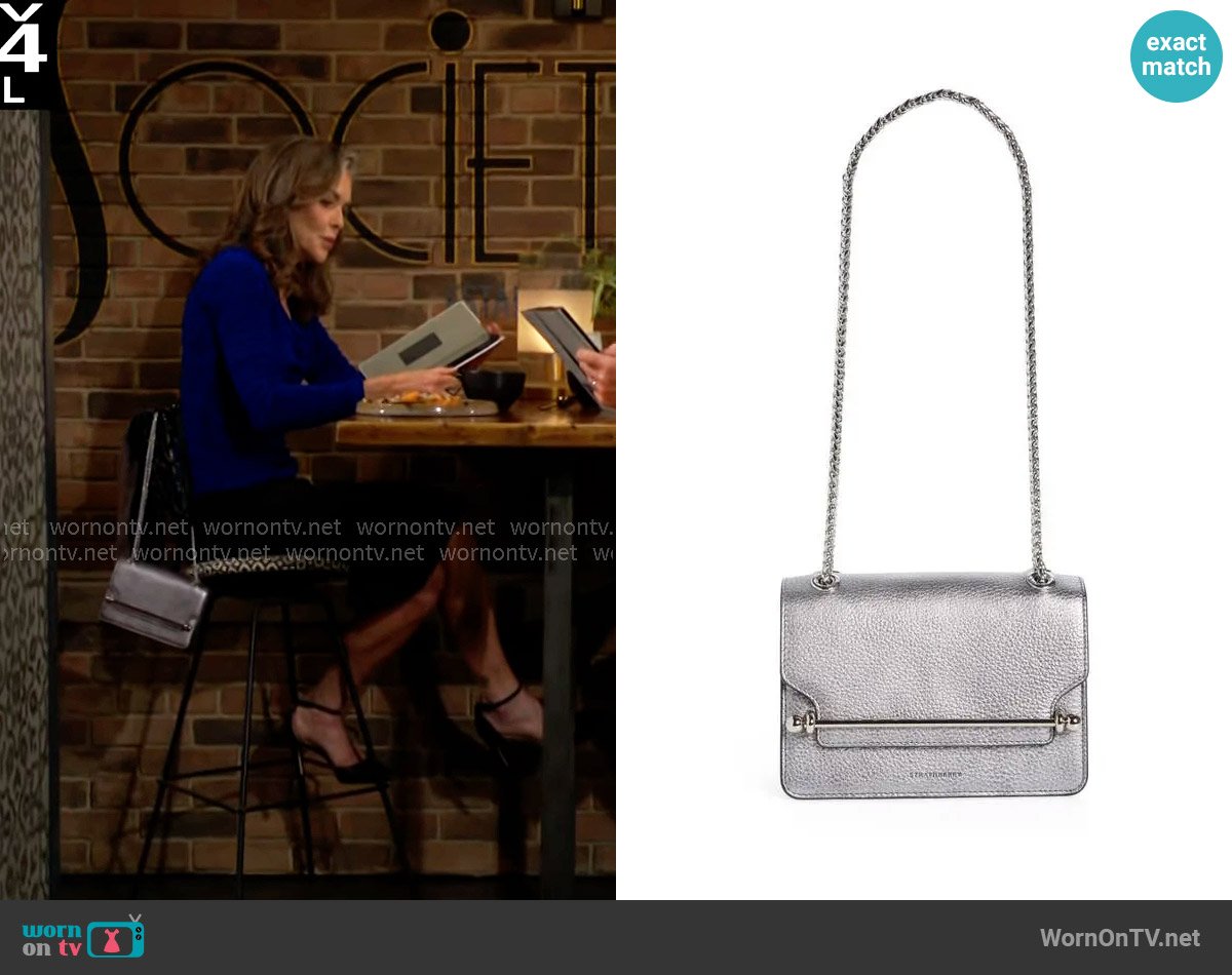 Strathberry Mini East/West Metallic Leather Shoulder Bag in Dark Silver worn by Diane Jenkins (Susan Walters) on The Young and the Restless