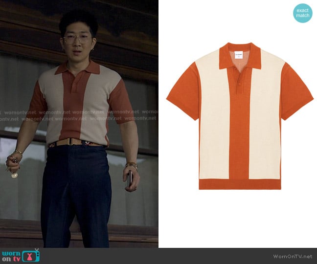 Students Golf Browne Knit Polo Sweater in Oak worn by Daniel Kim (Tim Jo) on Reasonable Doubt