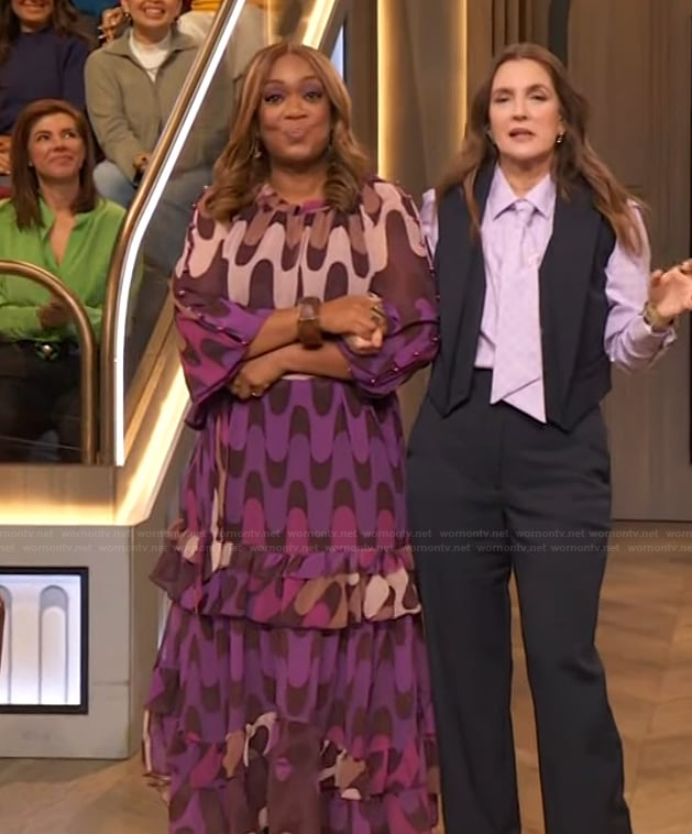 Sunny Anderson’s printed ruffle maxi dress on The Drew Barrymore Show