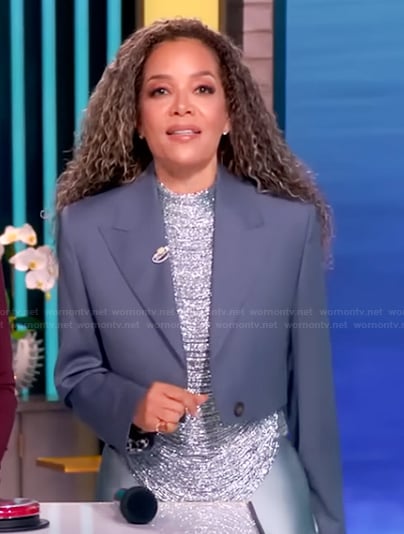 Sunny's blue metallic fringe top and satin skirt on The View